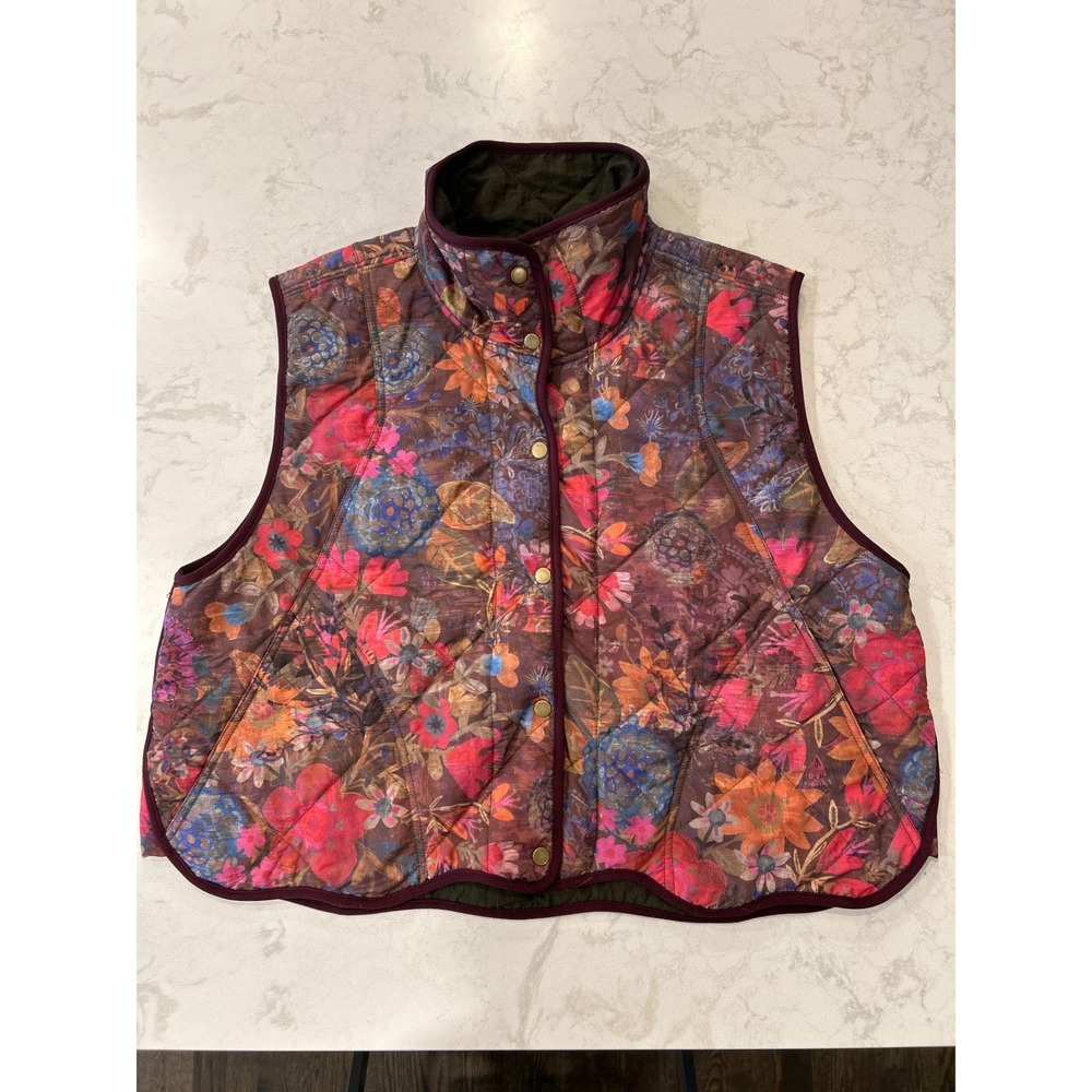 Natural Life Floral Quilted Puffer Vest L/XL Multi Color Snap Front Boho
